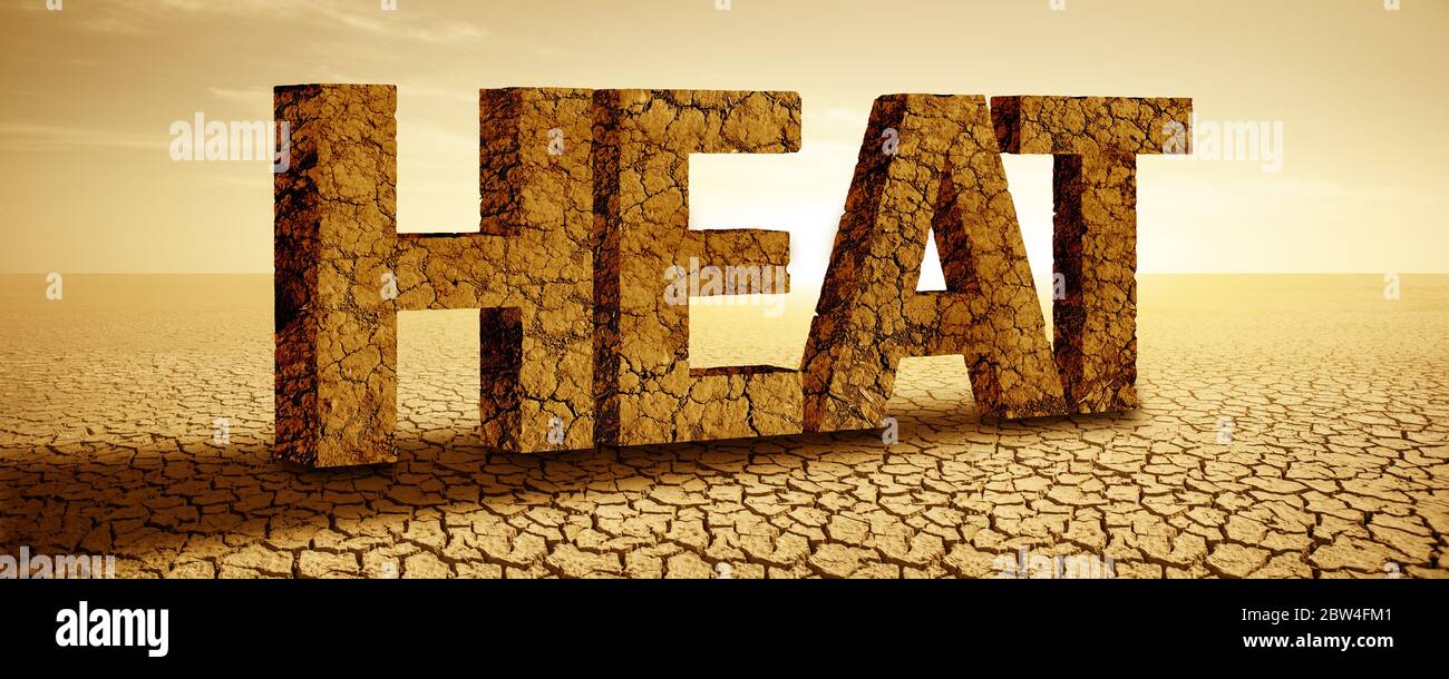 Inscription 3D « HEAT » dans le désert. Concept de réchauffement climatique Banque D'Images