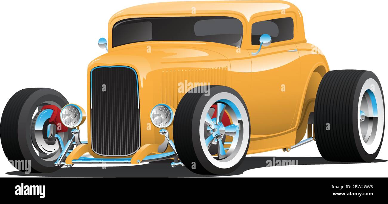 Voiture HotRod jaune classique américaine 32, toit haché, pneus blancs, jantes chromées, illustration vectorielle isolée Illustration de Vecteur