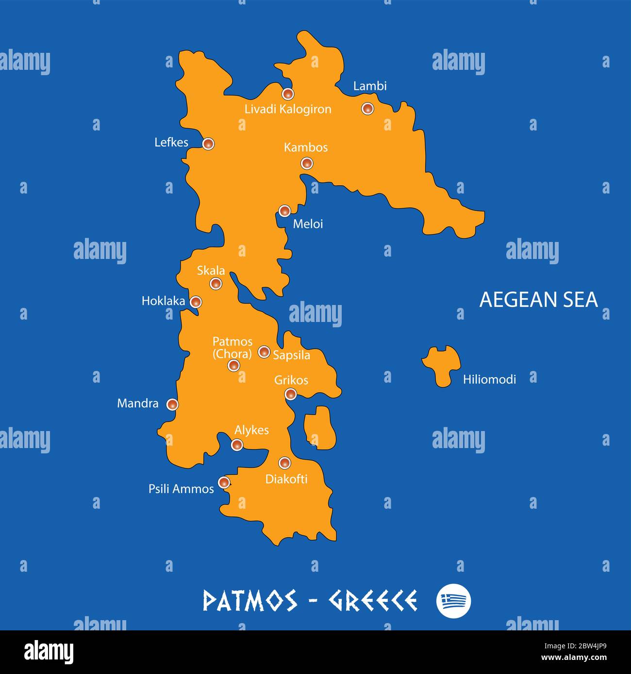 Île de patmos en Grèce carte orange art et fond bleu Illustration de Vecteur
