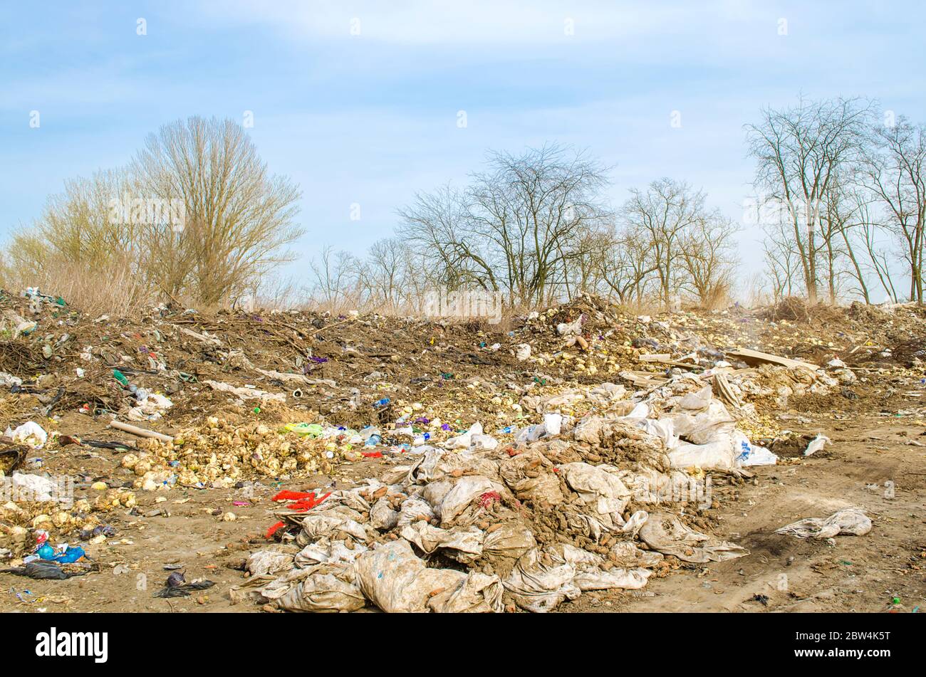 KHERSON, UKRAINE - 28 MARS 2020 : tas de déchets dans la forêt. Décharge illégale de déchets dans la nature. Pollution de l'environnement et de l'air. Déchets écologiques p Banque D'Images