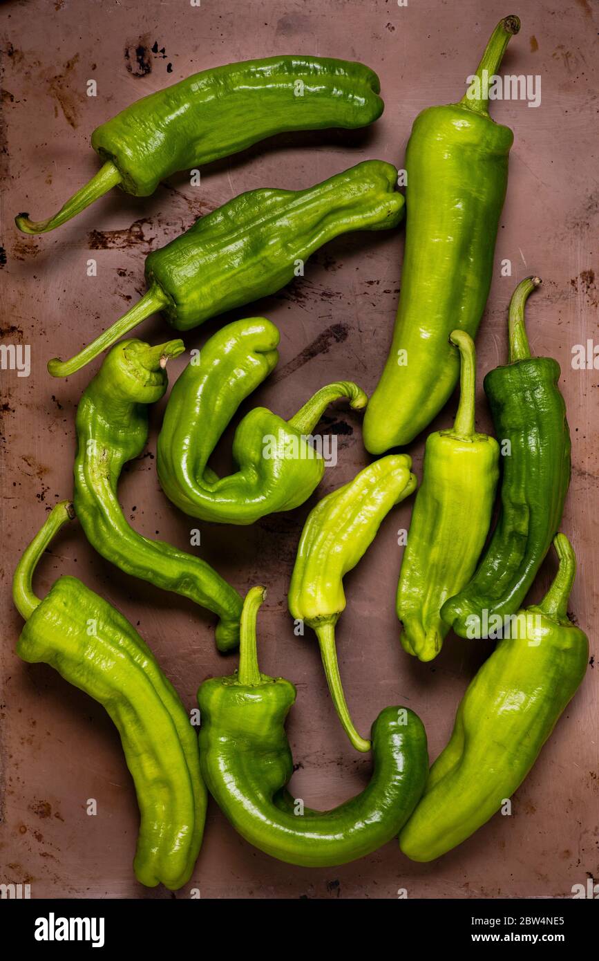 Vue du haut. Les poivrons verts et les sucreries italiennes en forme de cône irrégulier sont éparpillés sur un fond métallique rustique Banque D'Images