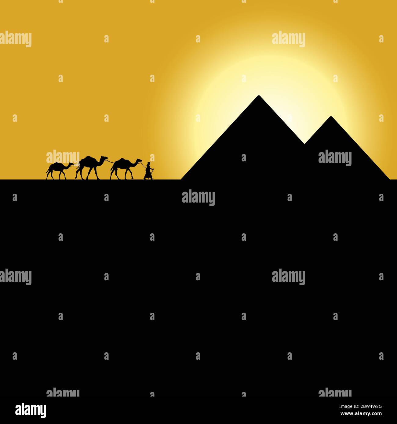 pyramides de gitt avec caravane de chameaux sur l'illustration du coucher du soleil Illustration de Vecteur