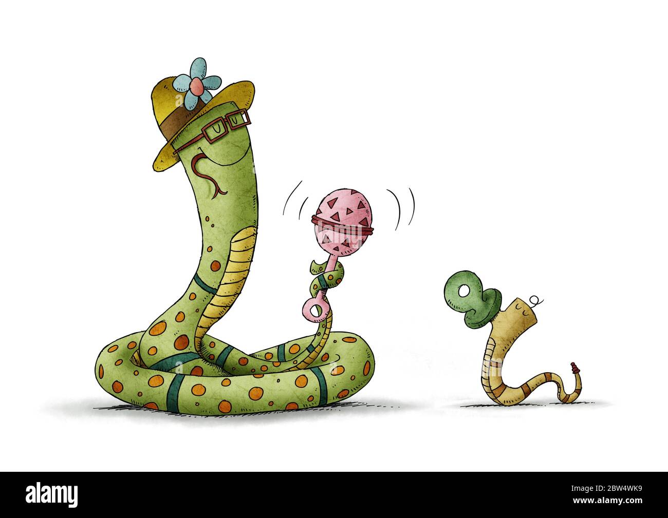 la couleuvre de mère fait passer un hochet coloré à un serpent de bébé qui a une sucette. concept de maternité. isolé Banque D'Images