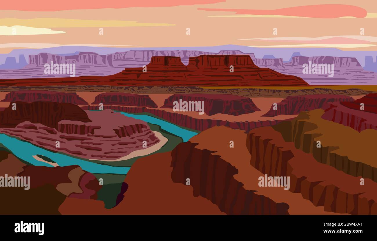 Illustration vectorielle avec vue sur le fleuve Colorado et le parc national de Canyonlands depuis le parc national Dead Horse point situé dans l'État de l'Utah Illustration de Vecteur