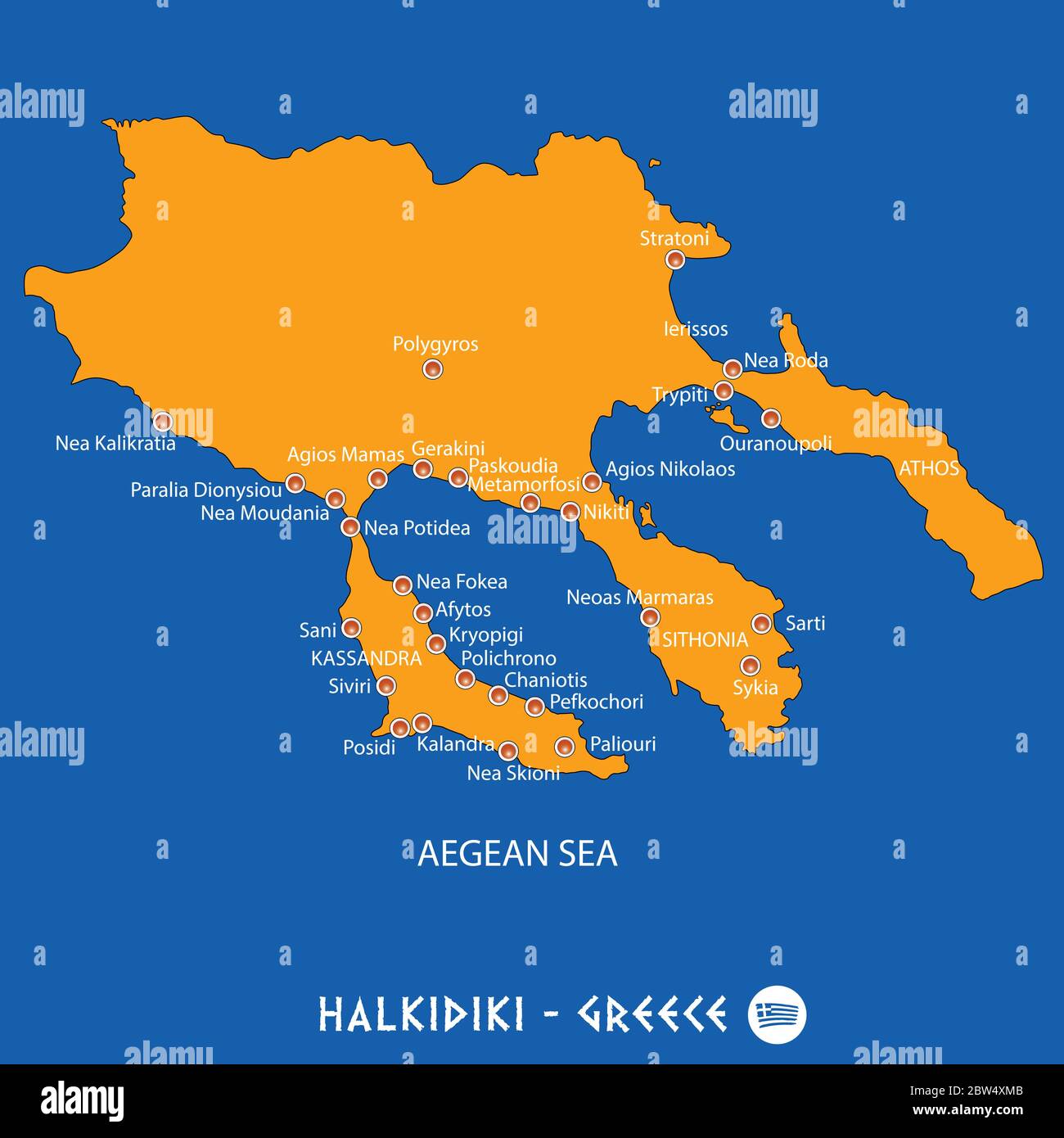 péninsule de halkidiki en Grèce carte orange art et fond bleu Image  Vectorielle Stock - Alamy