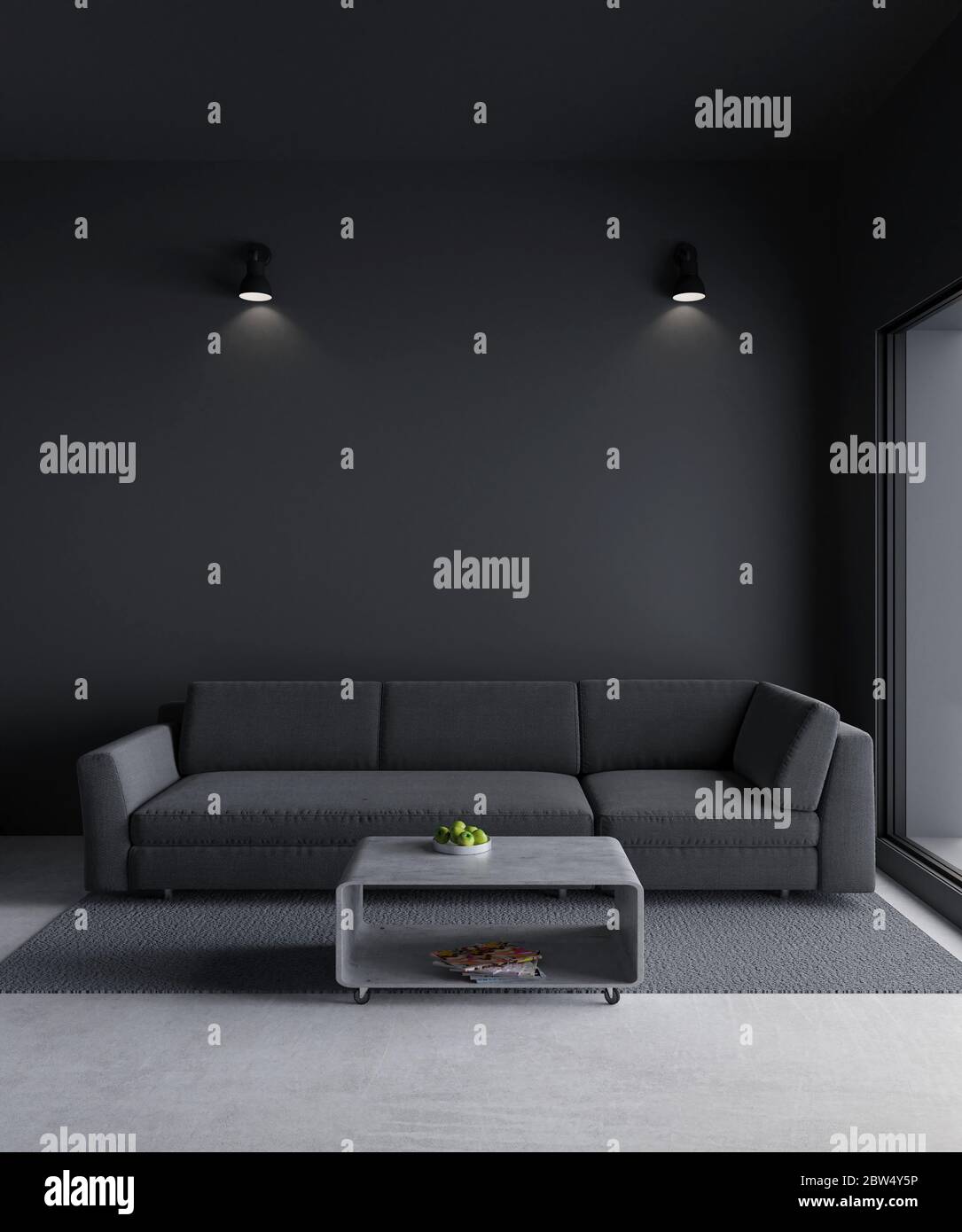 3D rendu de style minimal salon avec plancher en béton brut, mur noir, grande fenêtre Banque D'Images