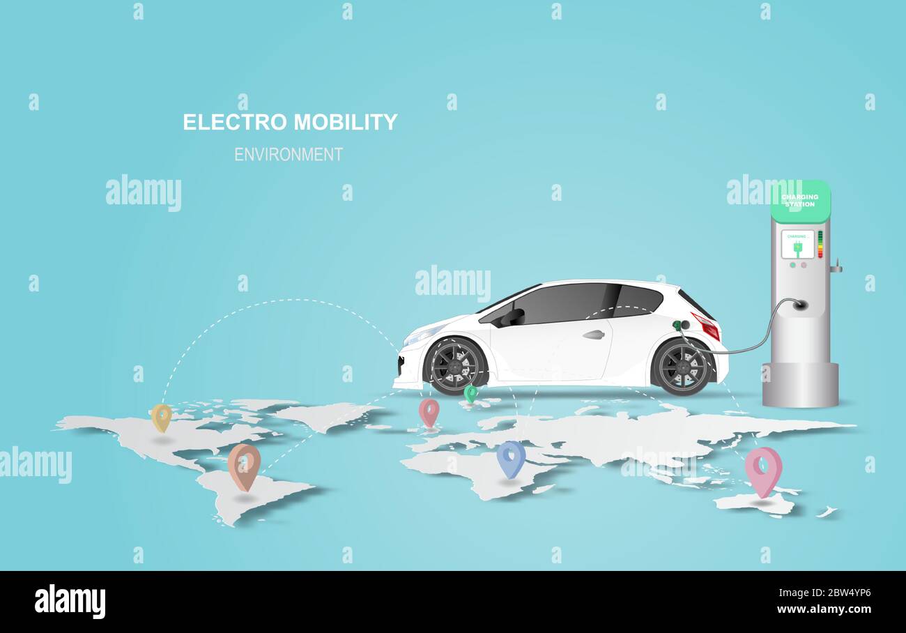 bannière d'illustration avec station de charge de voiture électrique. Environnement de mobilité électrique pour le concept de réseau de localisation de cartes.Green Clean Energy transport.CRE Illustration de Vecteur