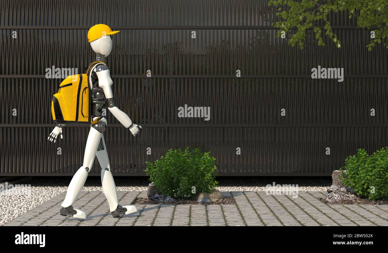Robot humanoïde en uniforme avec sac à dos jaune. Robot de messagerie. Service de livraison. Futur concept avec robotique intelligente et intelligence artificielle. 3D Banque D'Images