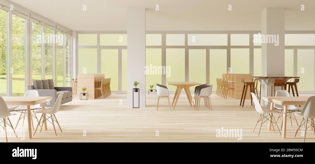 rendu 3d, espace de travail en co, espace vide, mur blanc et plancher en bois Banque D'Images