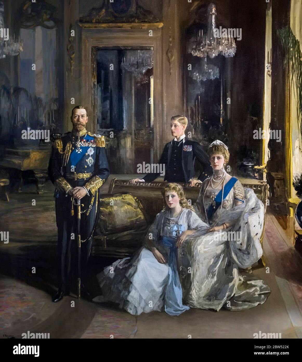 George C. 'la Famille Royale à Buckingham Palace' par Sir John Lavery, huile sur toile, 1913. Portrait du roi George V avec sa famille. Banque D'Images
