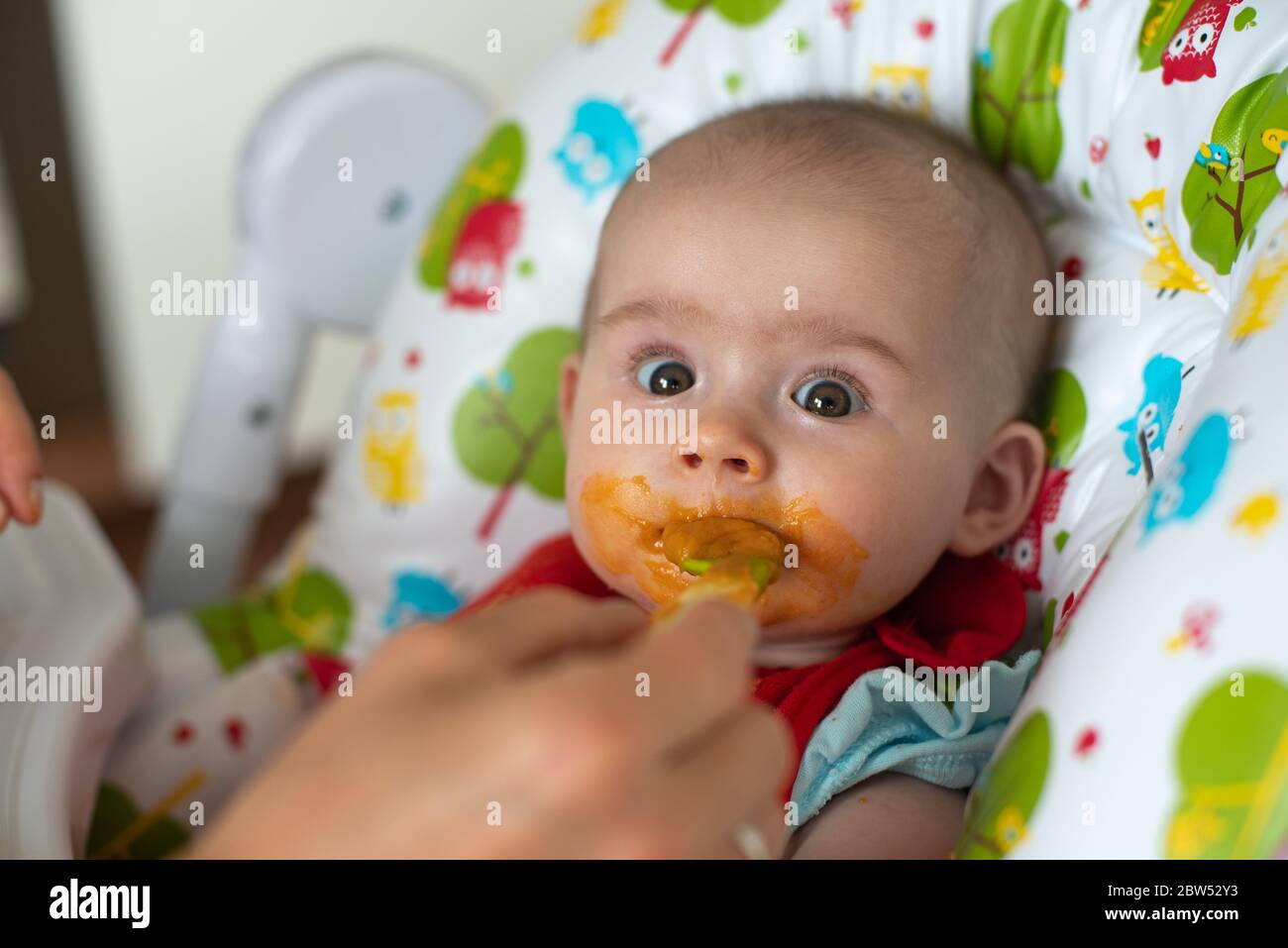 Mere Nourrissant Bebe Faim De Six Mois Drole Avec De La Nourriture Solide Photo Stock Alamy