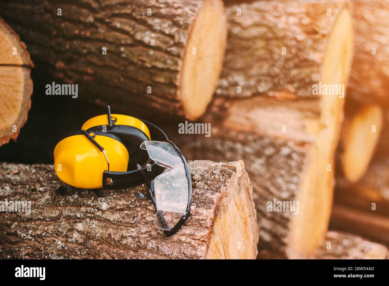 Image conceptuelle de lunettes de protection et de casques sur les grumes de pin fraîchement coupées à la scierie. Vêtements de travail professionnels pour une protection personnelle au bois pr Banque D'Images