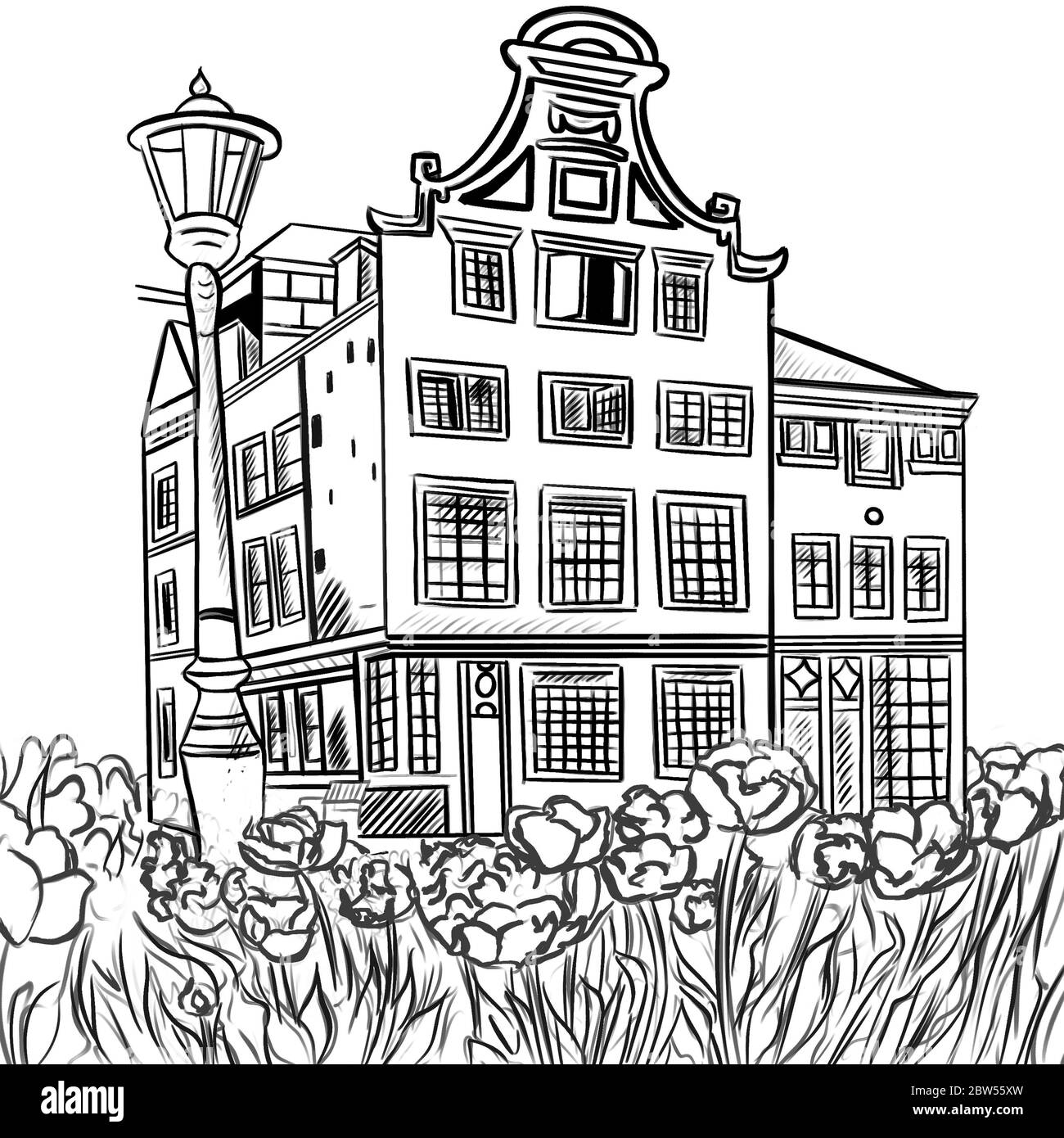 Illustration d'un dessin en noir pour un livre de coloriage d'un bâtiment à plusieurs étages de style vintage avec un champ de tulipes devant lui. Banque D'Images