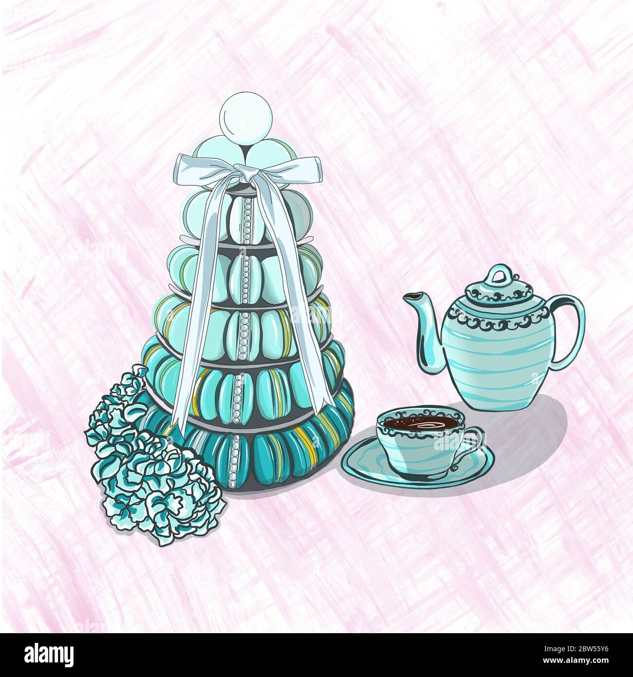 Illustration du kit de thé à dessin numérique. Bouilloire, tasse et soucoupe, une pyramide de gâteaux macarons de couleur bleue sur fond rose. Banque D'Images