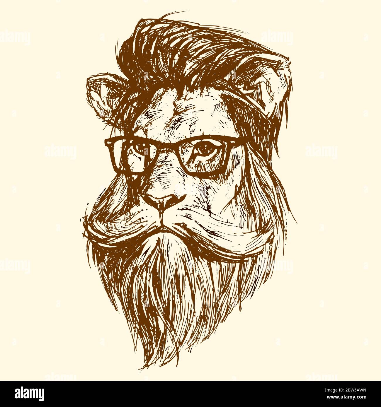 La tête d'un lion avec des verres, dessinés à l'encre. Illustration de Vecteur