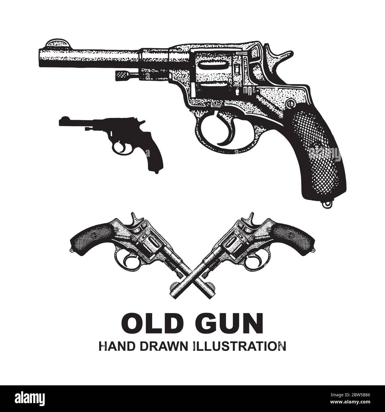 Pistolet. Jeu d'illustrations vectorielles vintage dessinées à la main. Dessin d'esquisse de canon. Partie de l'ensemble. Illustration de Vecteur