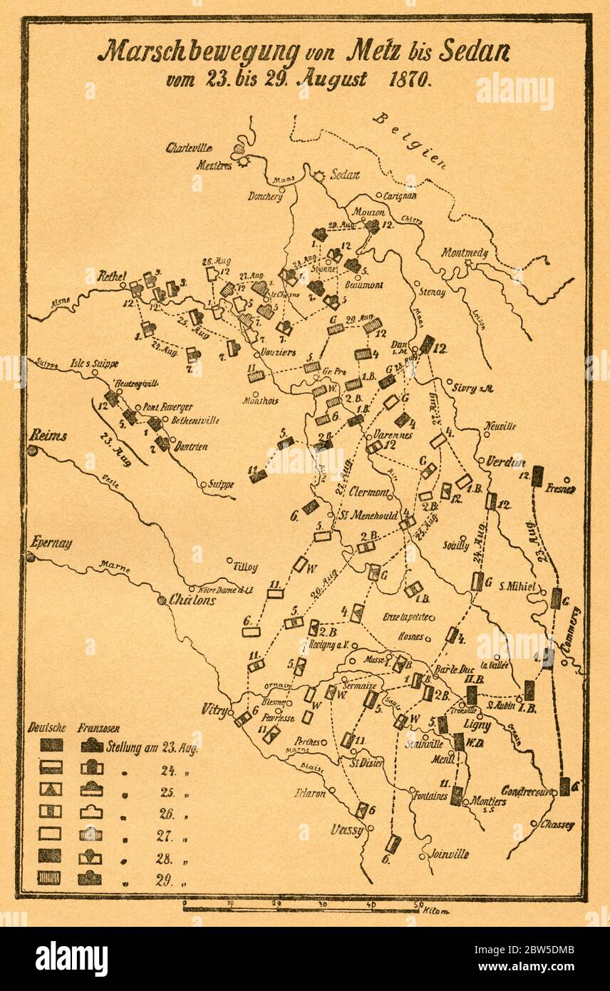 Europa, Deutschland, Frankreich, Deutsch-Französischer Krieg, Marschbewegung von Metz bis Sedan, août 1870, Motiv aus : Der Krieg zwischen Frankreich und Deutschland in den Jahren 1870-1871 ' , von J. Scheibert, Verlag von W. Pauli's Nachfolger ( H. Jerosch ) , Berlin , 1895 . / Europe, Allemagne, France, Metz, Guerre franco-prussienne, route des marches entre Metz et Sedan, août 1870, image de : ' Der Krieg zwischen Frankreich und Deutschland in den Jahren 1870-1871 ' ( la guerre entre la France et la Prusse 1870-1871 ) , par J. Scheibert, maison d'édition W. Pauli ' suceur ( H. Jerosc Banque D'Images