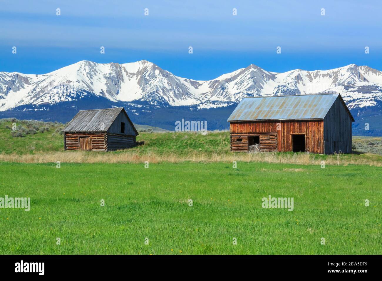 ancienne cabane en bois et grange sous la chaîne bridger près de wilsall, montana Banque D'Images