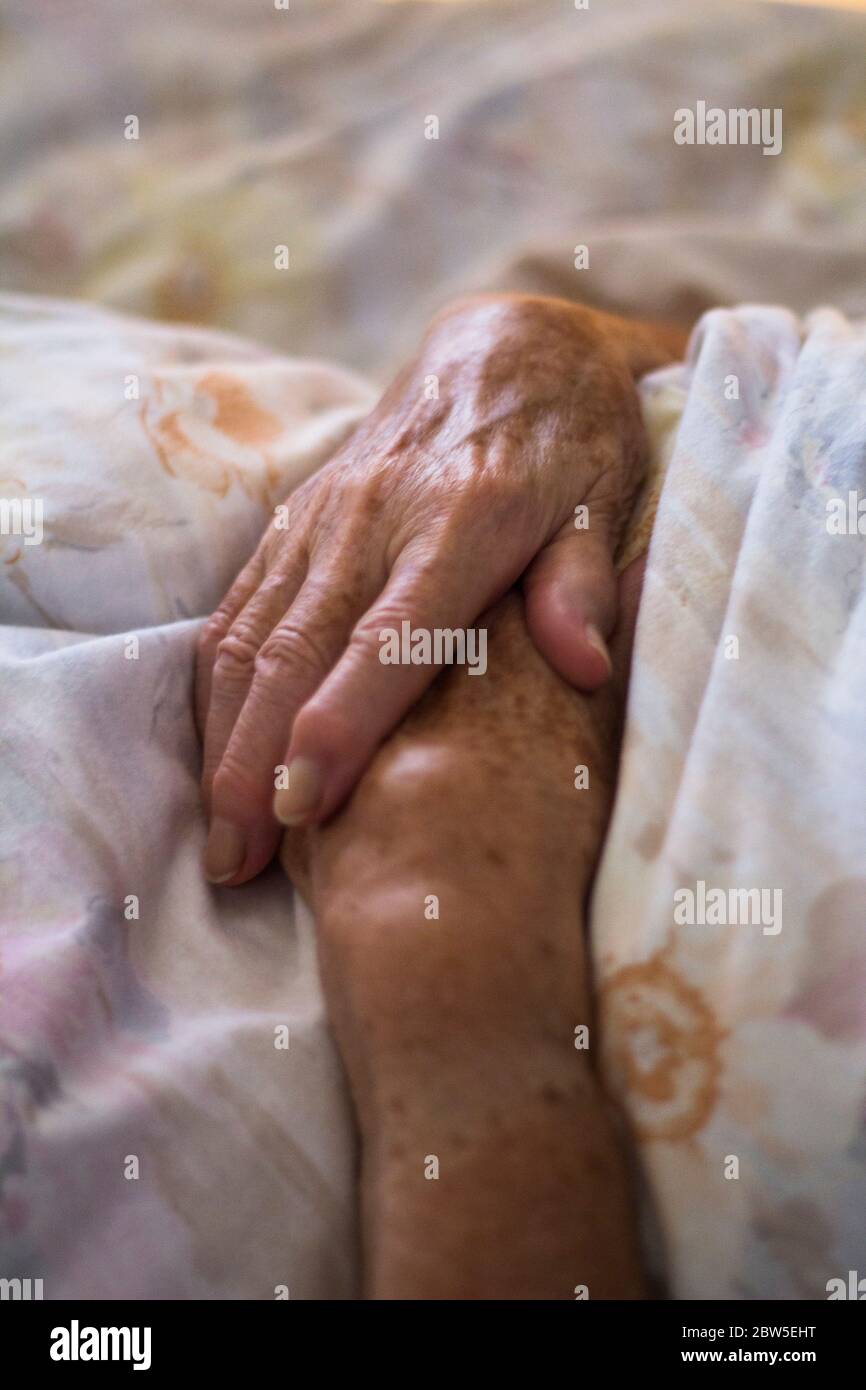Les mains d'une femme âgée se sont pliées. Banque D'Images