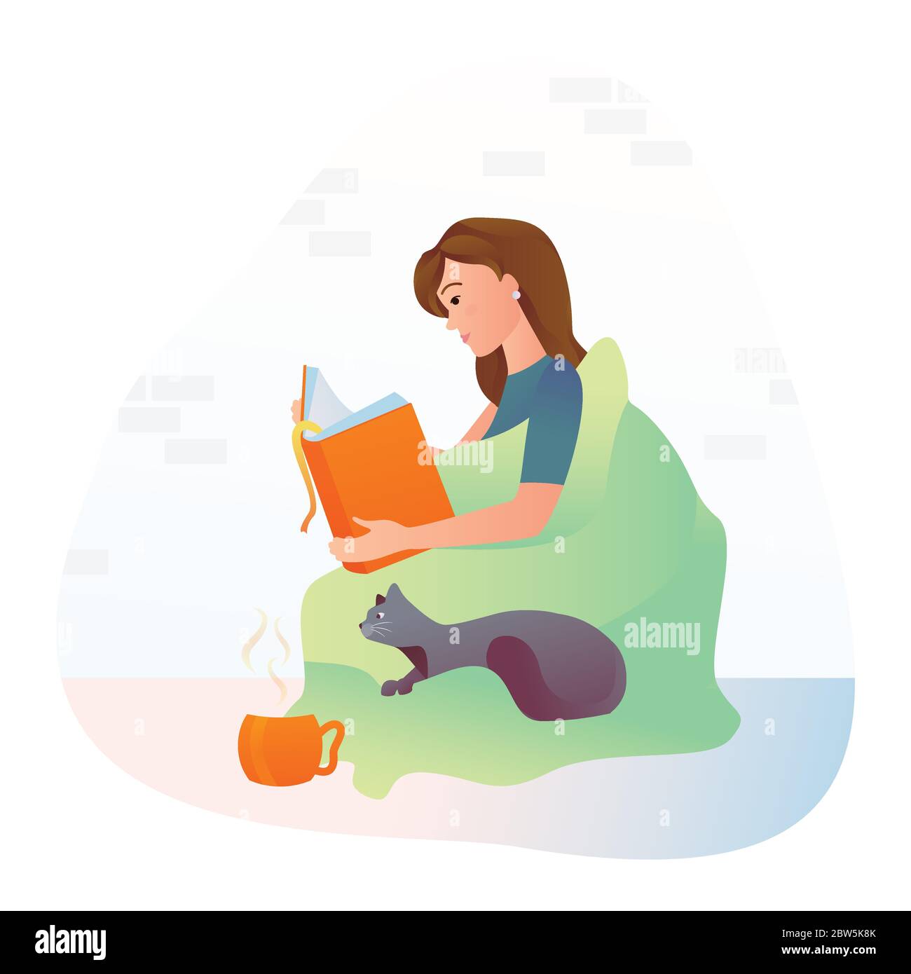 Une fille boit du thé et lit un livre tout en étant assise sur des oreillers avec un chat. Illustration de Vecteur