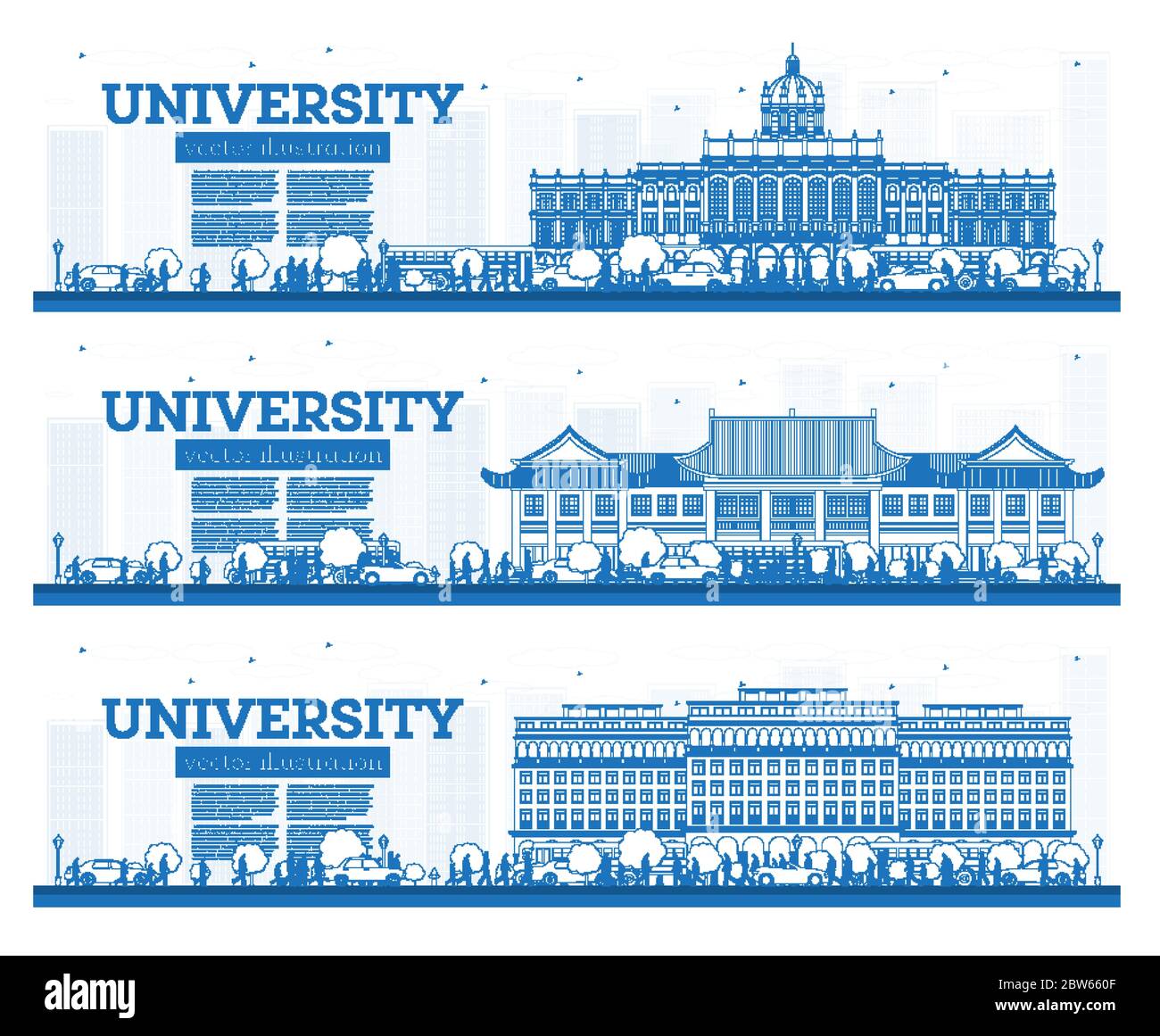 Ensemble de campus universitaire Outline. Bannières d'étude. Illustration vectorielle. Les étudiants vont au bâtiment principal de l'université. Illustration de Vecteur