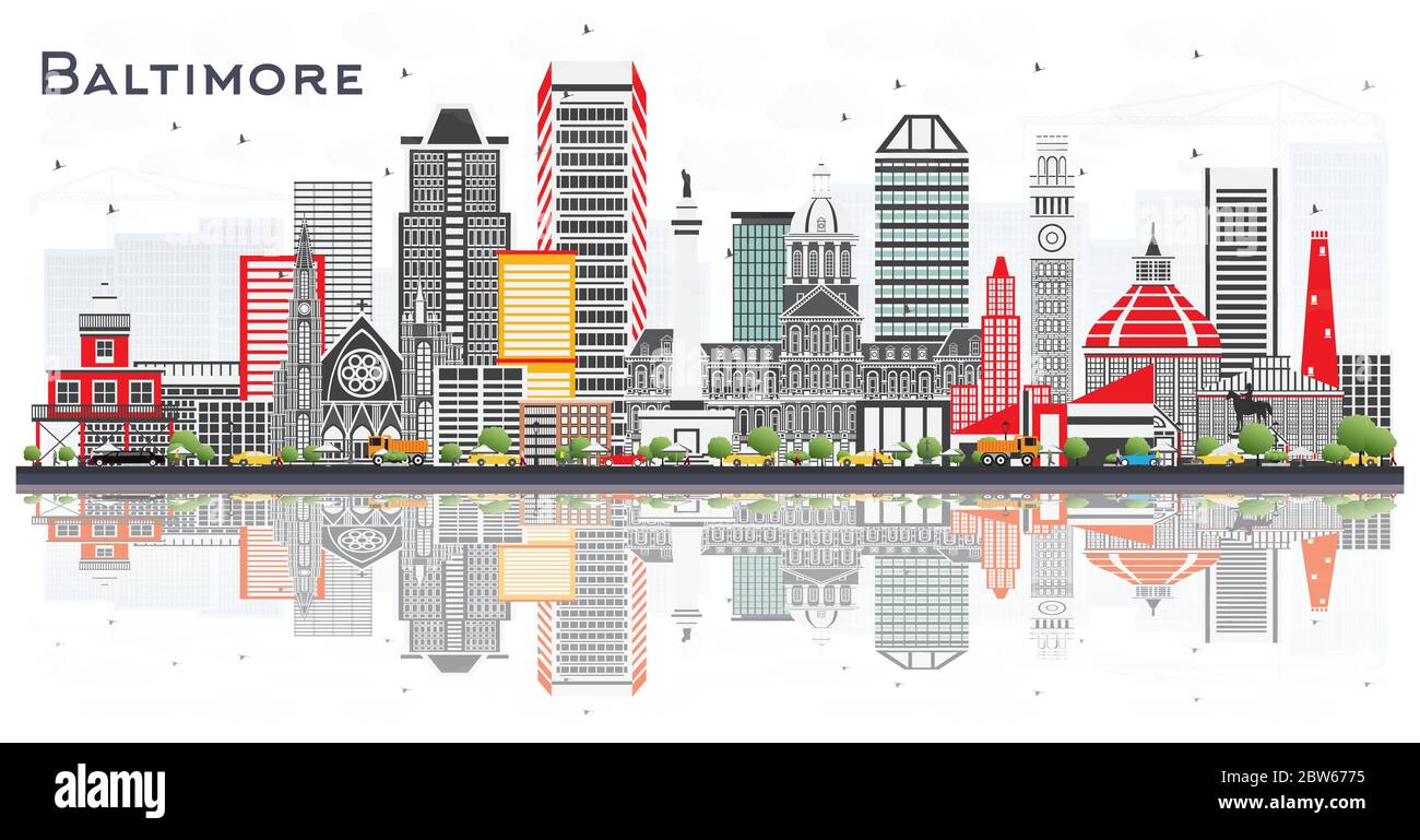 Baltimore Maryland City Skyline avec bâtiments gris et réflexions isolées sur blanc. Voyages d'affaires et tourisme concept avec architecture moderne. Illustration de Vecteur