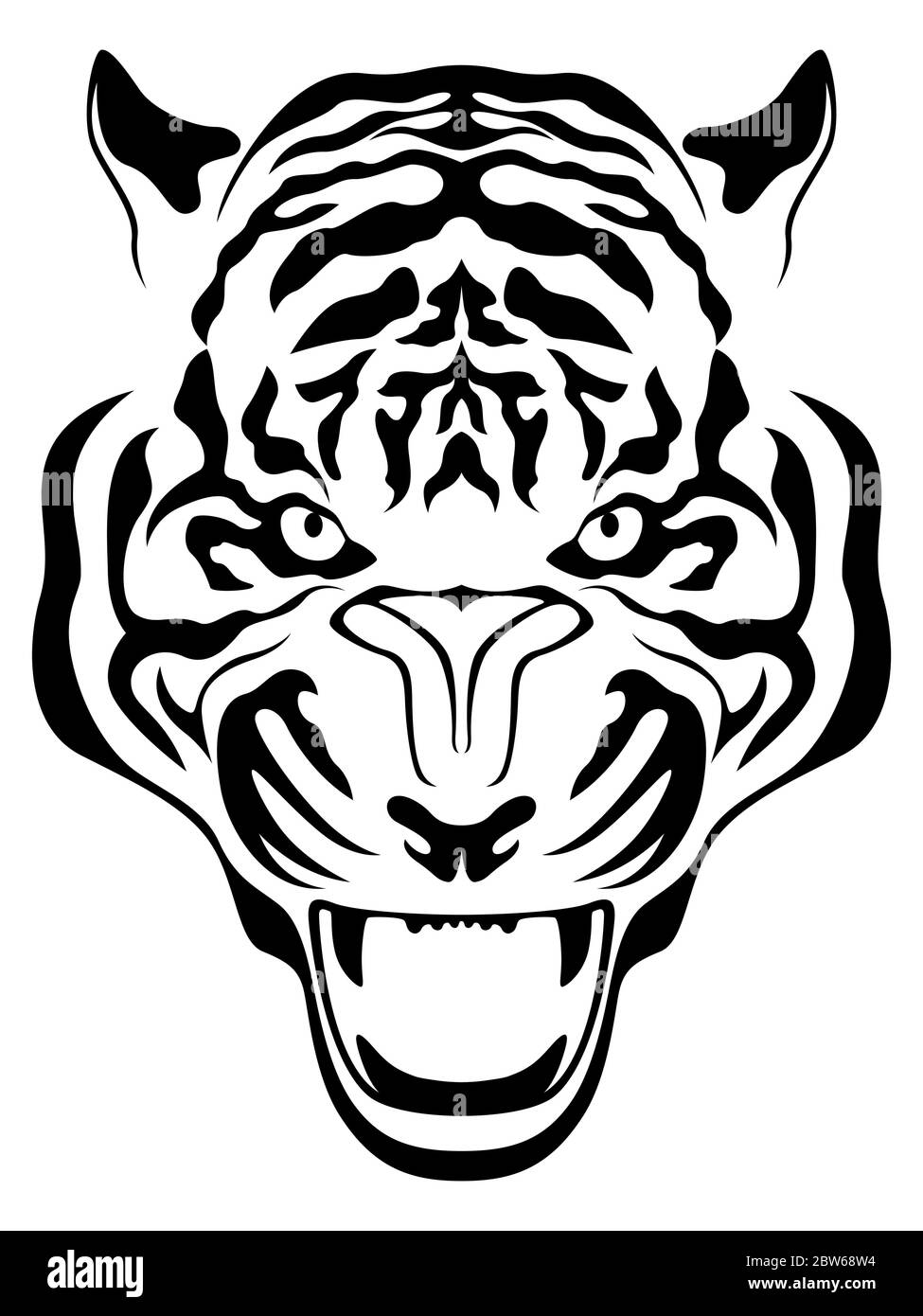 Tête de tigre agressif gros plan, main dessinant le contour vectoriel isolé sur un fond blanc Illustration de Vecteur
