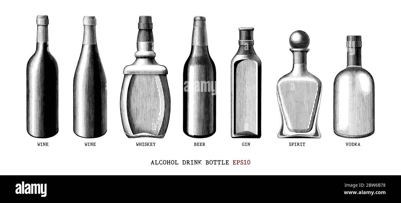 Alcool boisson bouteille collection main dessiner style vintage clipart noir et blanc isolé sur fond blanc Illustration de Vecteur