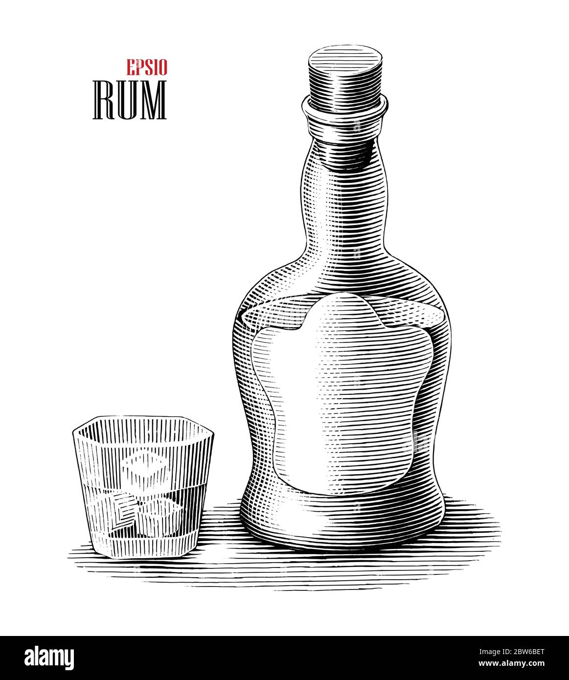 Bouteille de rhum avec illustration en verre style gravure vintage noir et blanc clipart isolé sur fond blanc Illustration de Vecteur