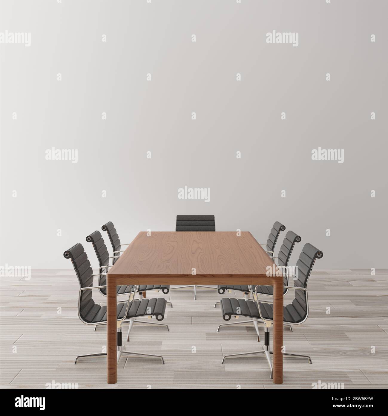 Salle de réunion vide avec chaises, table en bois, parquet, mur en béton, espace de copie pour maquette, rendu 3d Banque D'Images
