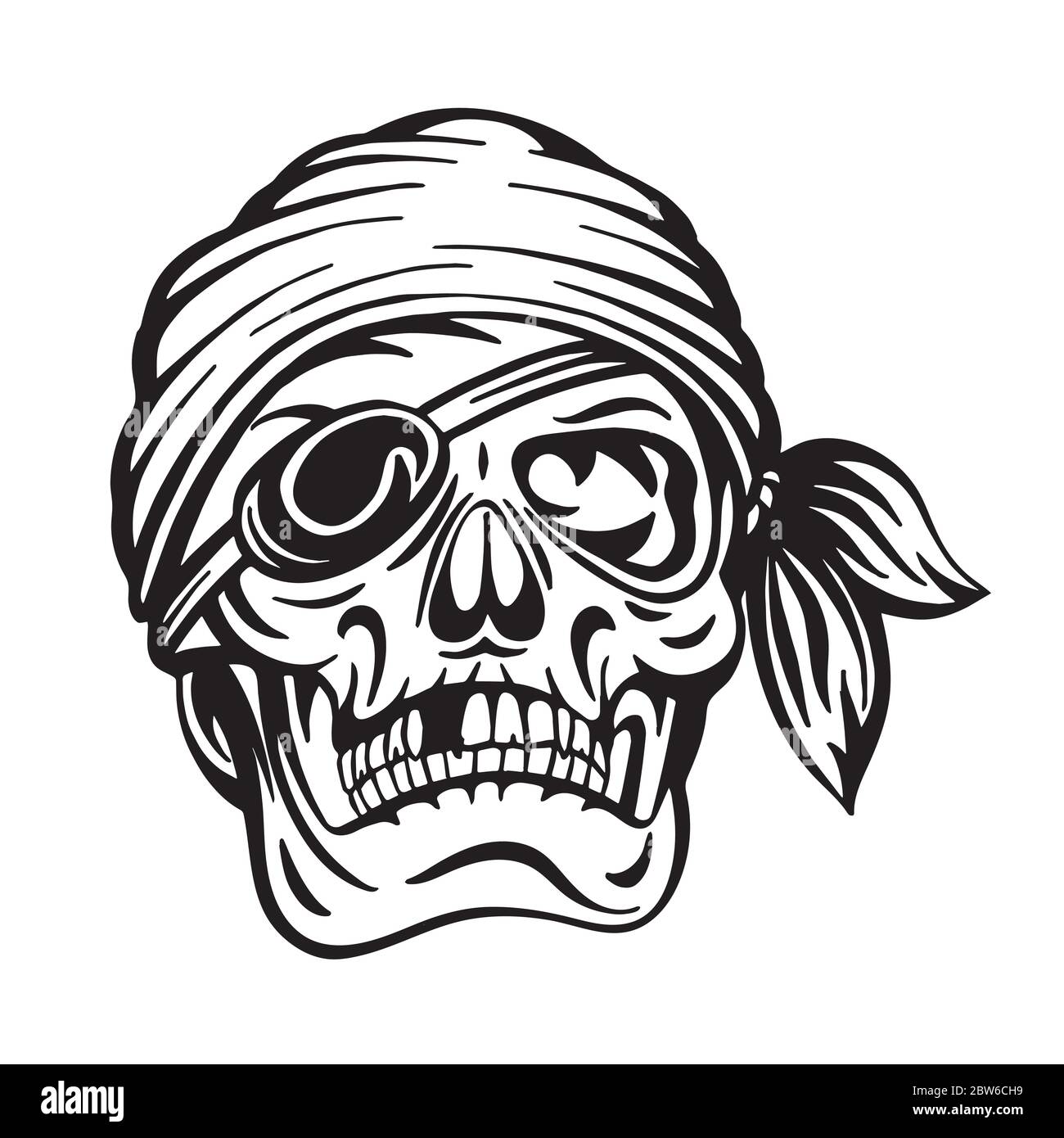 Crâne. Illustration vectorielle du crâne pirate dessinée à la main. Crâne avec patch oculaire et dessin de serre-tête. Partie de l'ensemble. Illustration de Vecteur