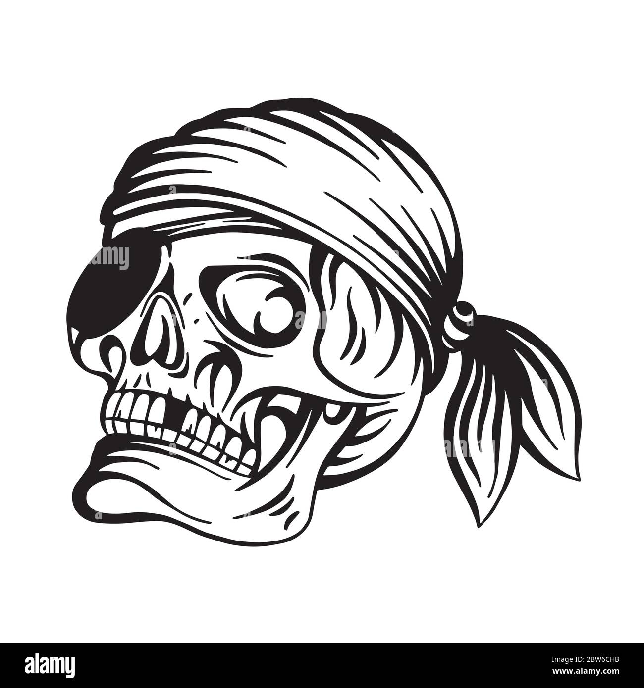 Crâne. Illustration vectorielle du crâne pirate dessinée à la main. Crâne avec patch oculaire et dessin de serre-tête. Partie de l'ensemble. Illustration de Vecteur