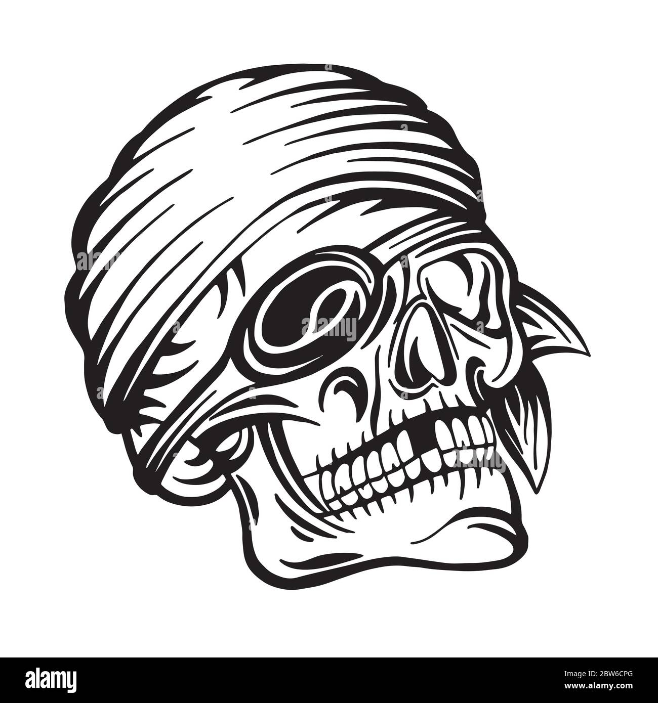 Crâne. Illustration vectorielle du crâne pirate dessinée à la main. Crâne avec patch oculaire et dessin de serre-tête. Partie de l'ensemble. Illustration de Vecteur