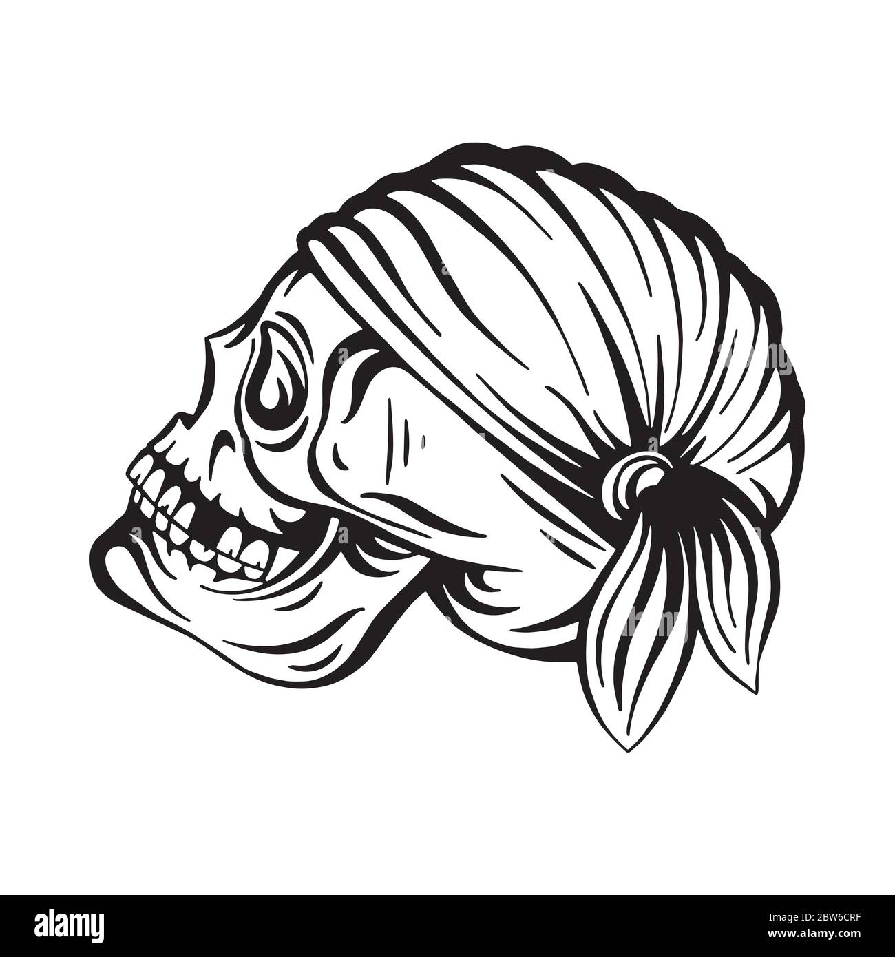 Crâne. Illustration vectorielle du crâne pirate dessinée à la main. Crâne avec patch oculaire et dessin de serre-tête. Partie de l'ensemble. Illustration de Vecteur