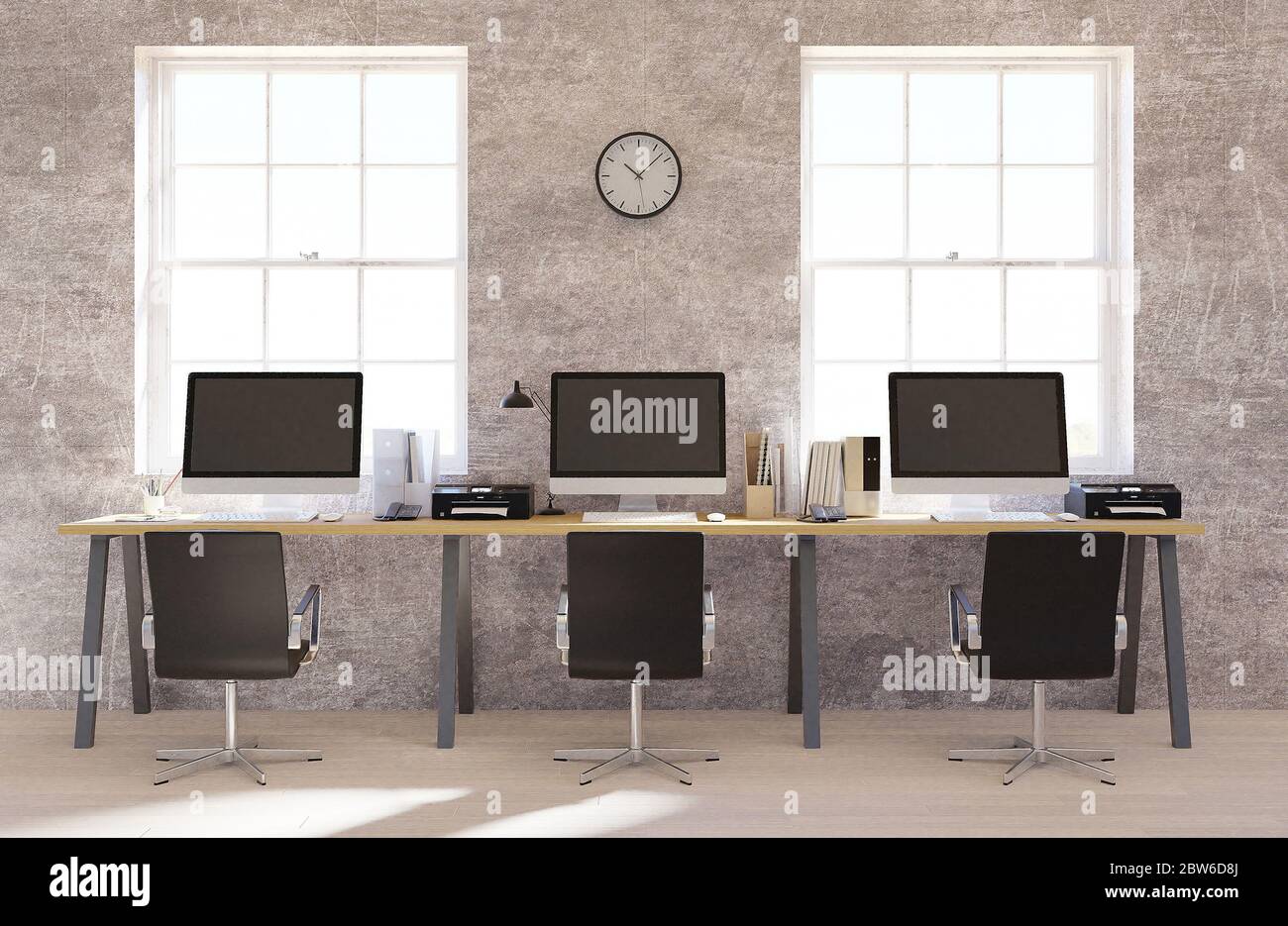Mur en béton espace ouvert bureau intérieur avec un plancher en bois, un mur vierge et une rangée de bureaux d'ordinateur le long du mur. maquette de rendu 3d Banque D'Images