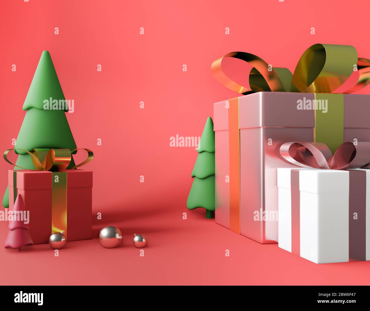 Boîte cadeau carrée d'arbre de rendu 3D et ruban d'arc doré rose métallique, boules et arbre, arrière-plan rouge, noël Banque D'Images