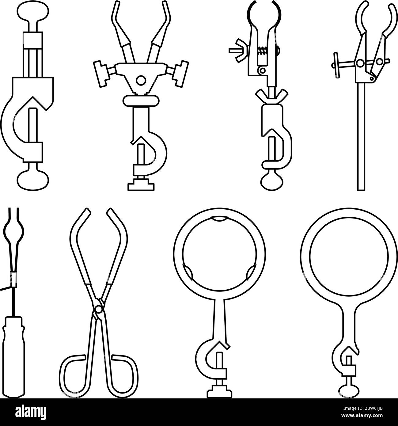 Supports de serrage. Accessoires de laboratoire. Vecteur ligne mince Illustration de Vecteur