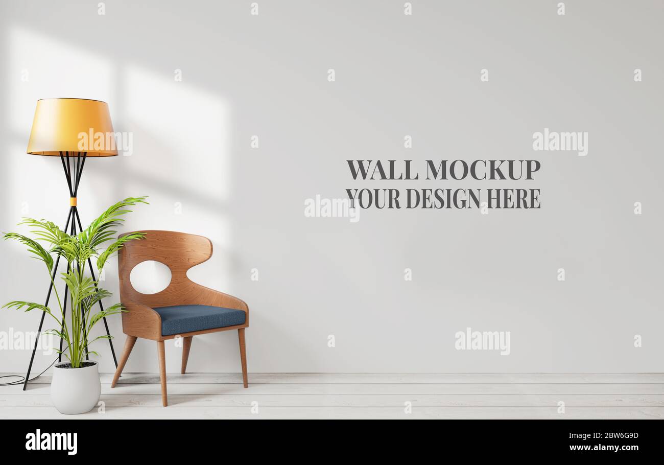 Intérieur avec chaise en bois de mur blanc et plancher en bois, lampe mur vide pour l'espace de copie, rendu 3d Banque D'Images