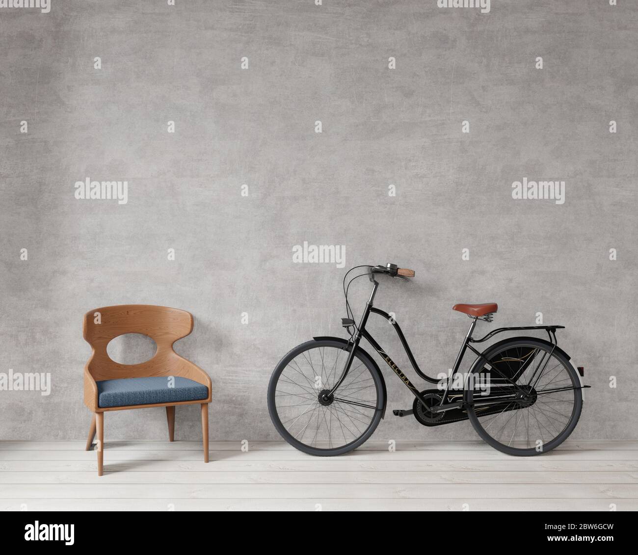 chaise et vélo avec mur en béton brut, parquet, espace de copie, maquette, rendu 3d Banque D'Images
