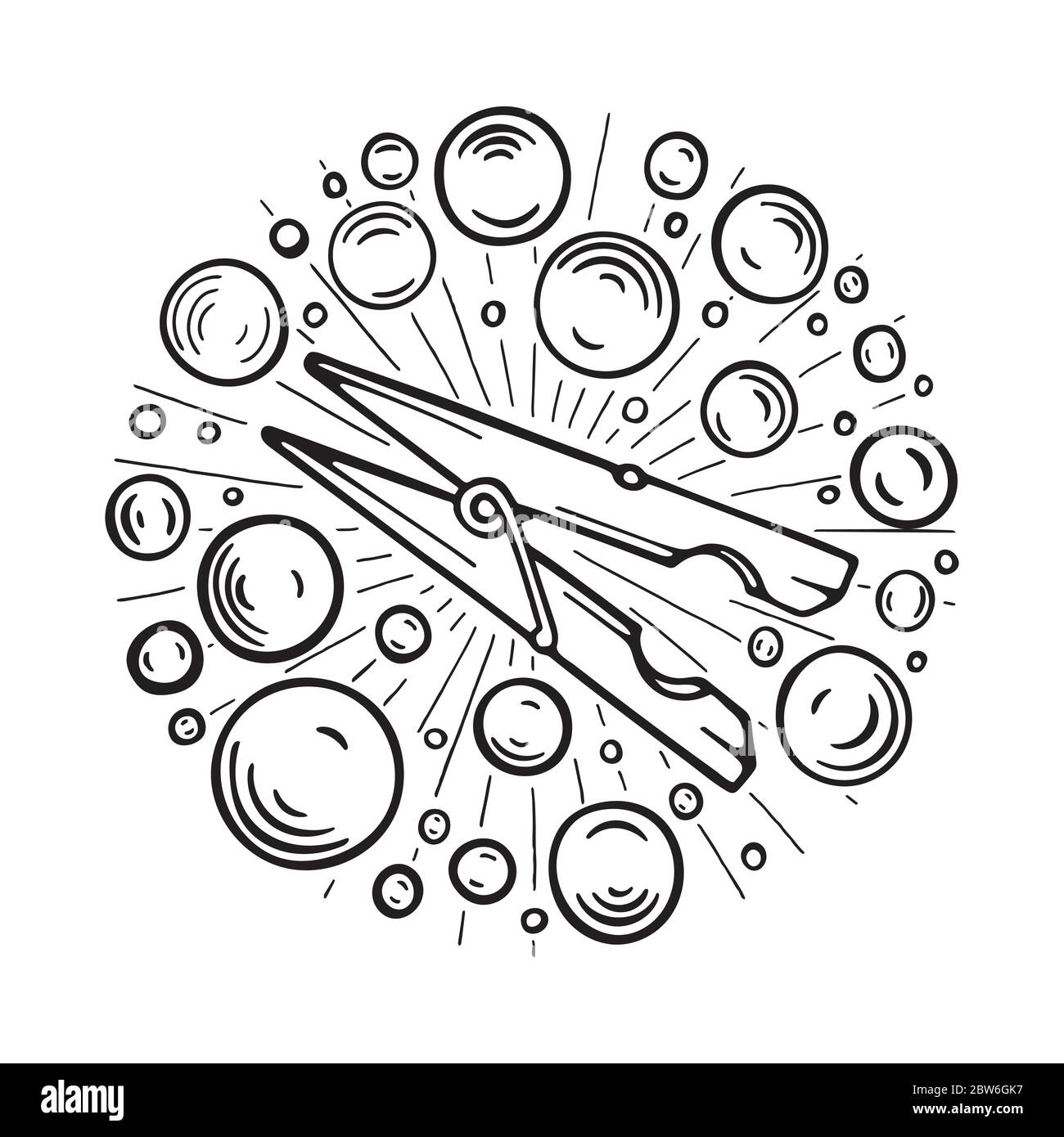 Goupille à linge. Illustration de clothespin, de bulles et de rayons. Dessin de concept de vecteur de propreté. Illustration de Vecteur
