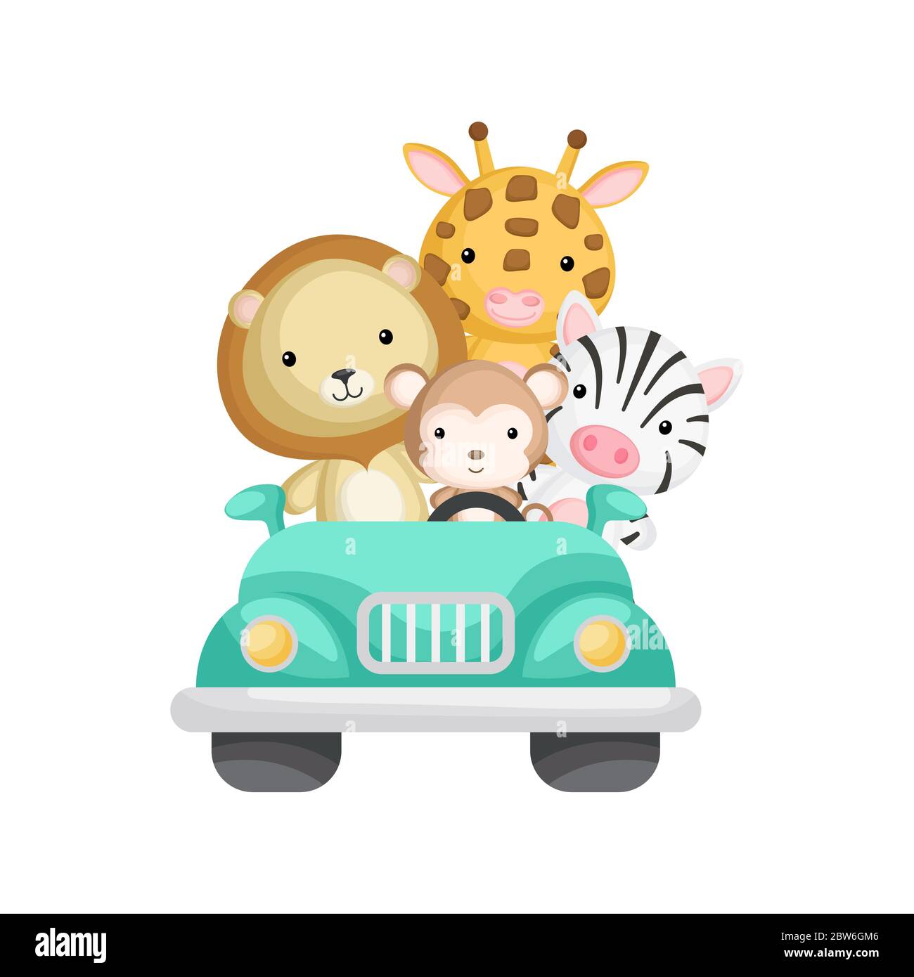 Le singe mignon, le zébré, la girafe et le lion voyagent en voiture. Élément graphique pour livre, album, album, album, carte postale ou jeu mobile pour enfants. Thème Zoo. Illustration de Vecteur