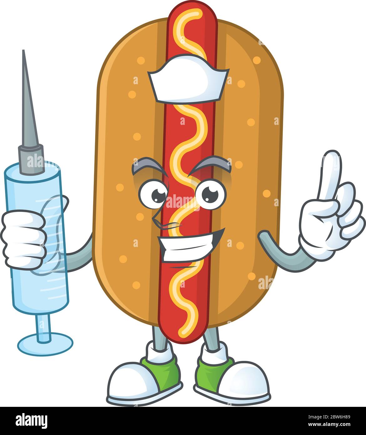 Une humble infirmière Hotdog dessin personnage tenant la seringue Illustration de Vecteur