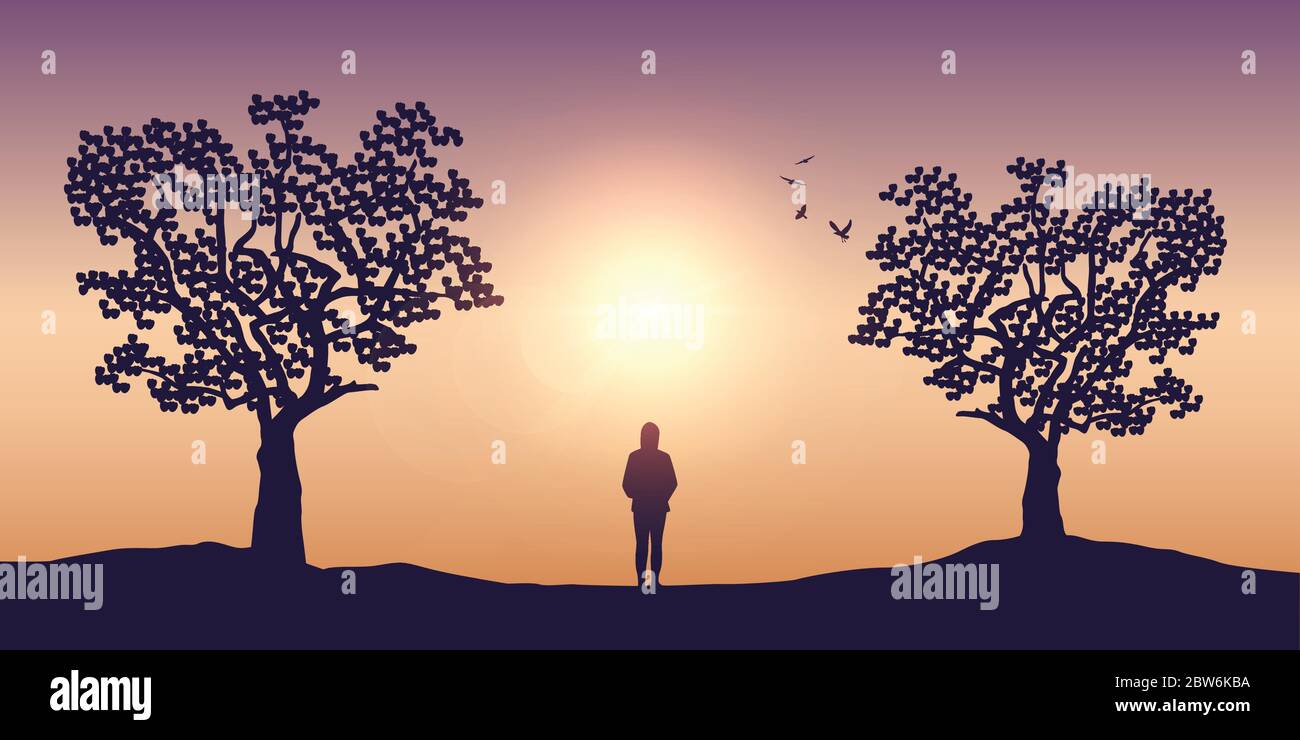 Fille solitaire en été, un jour ensoleillé se dresse entre deux arbres illustration vectorielle EPS10 Illustration de Vecteur