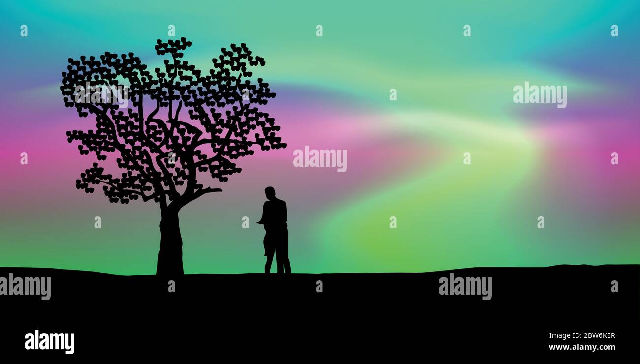 Couple amoureux sous un arbre avec aurore borealis lumières polaires illustration vecteur EPS10 Illustration de Vecteur