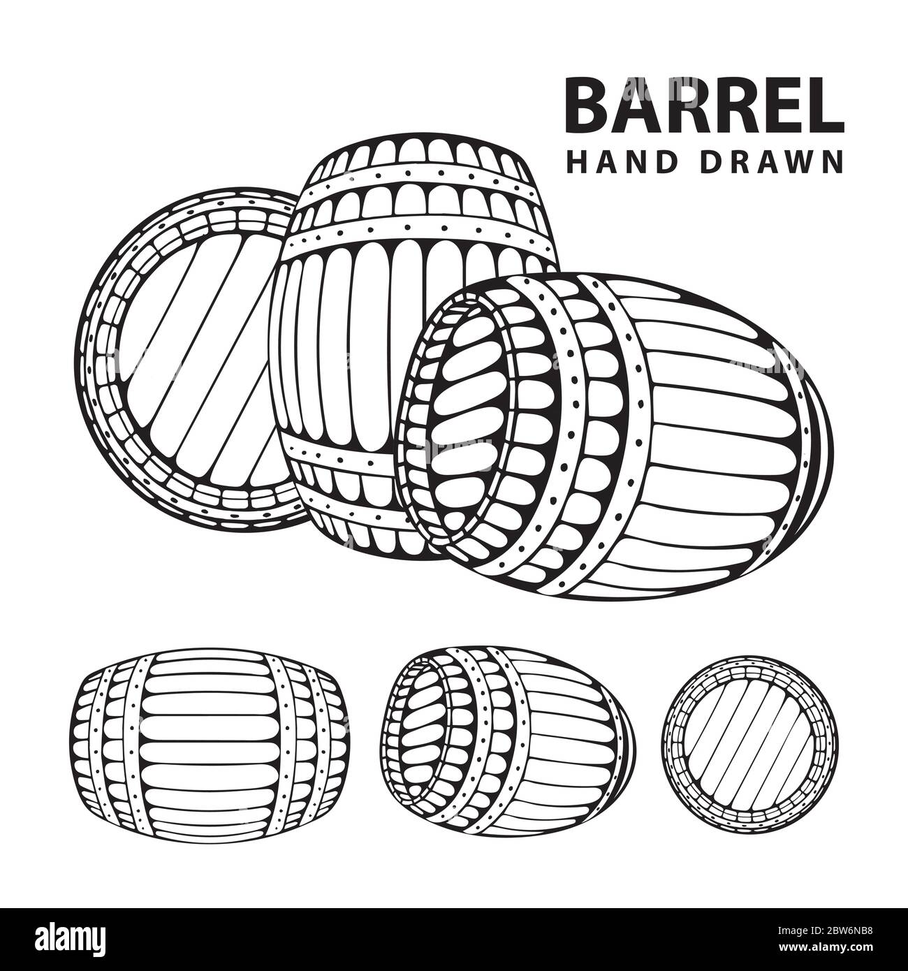 Baril. Jeu d'illustrations à corps dessinées à la main avec style gravure. Whisky vintage, vin ou baril de bière isolé sur fond blanc. Illustration de Vecteur