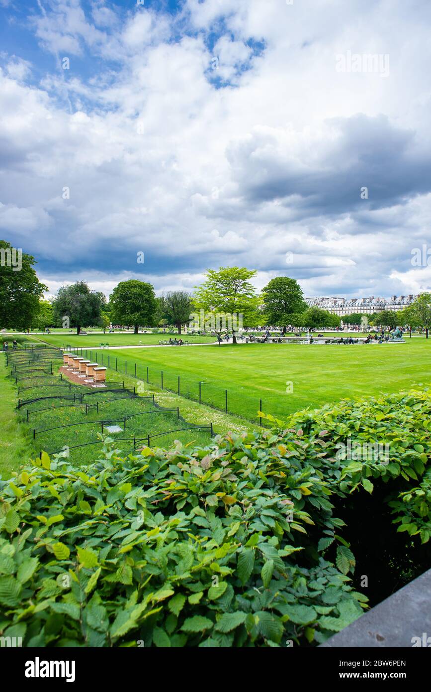 Paris. France - 18 mai 2019 : Jardins des Tuileries à Paris. Ciel nuageux. Temps pluvieux. Banque D'Images