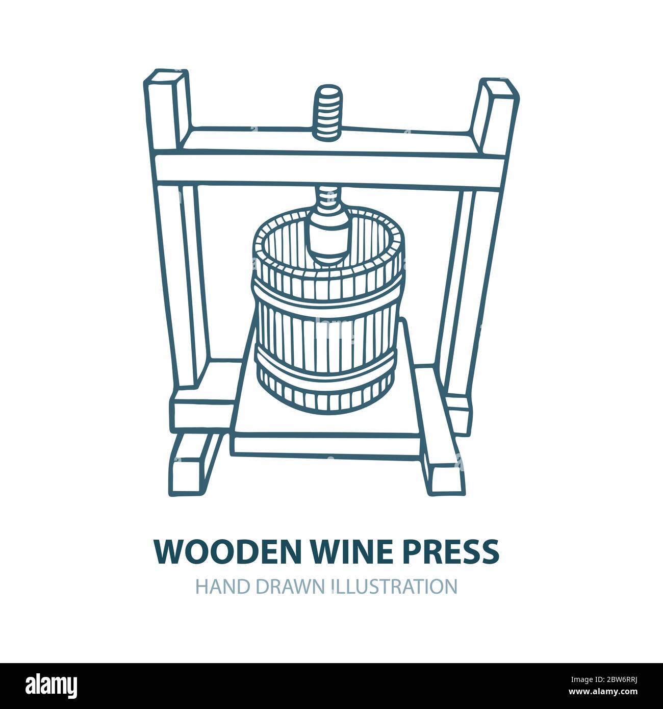 Presse à vin. Illustration vectorielle de presse à vin en bois dessinée à la main. Ensemble de mises en plan d'esquisse de presse à raisin. Design de thème de vinification. Partie de l'ensemble. Illustration de Vecteur