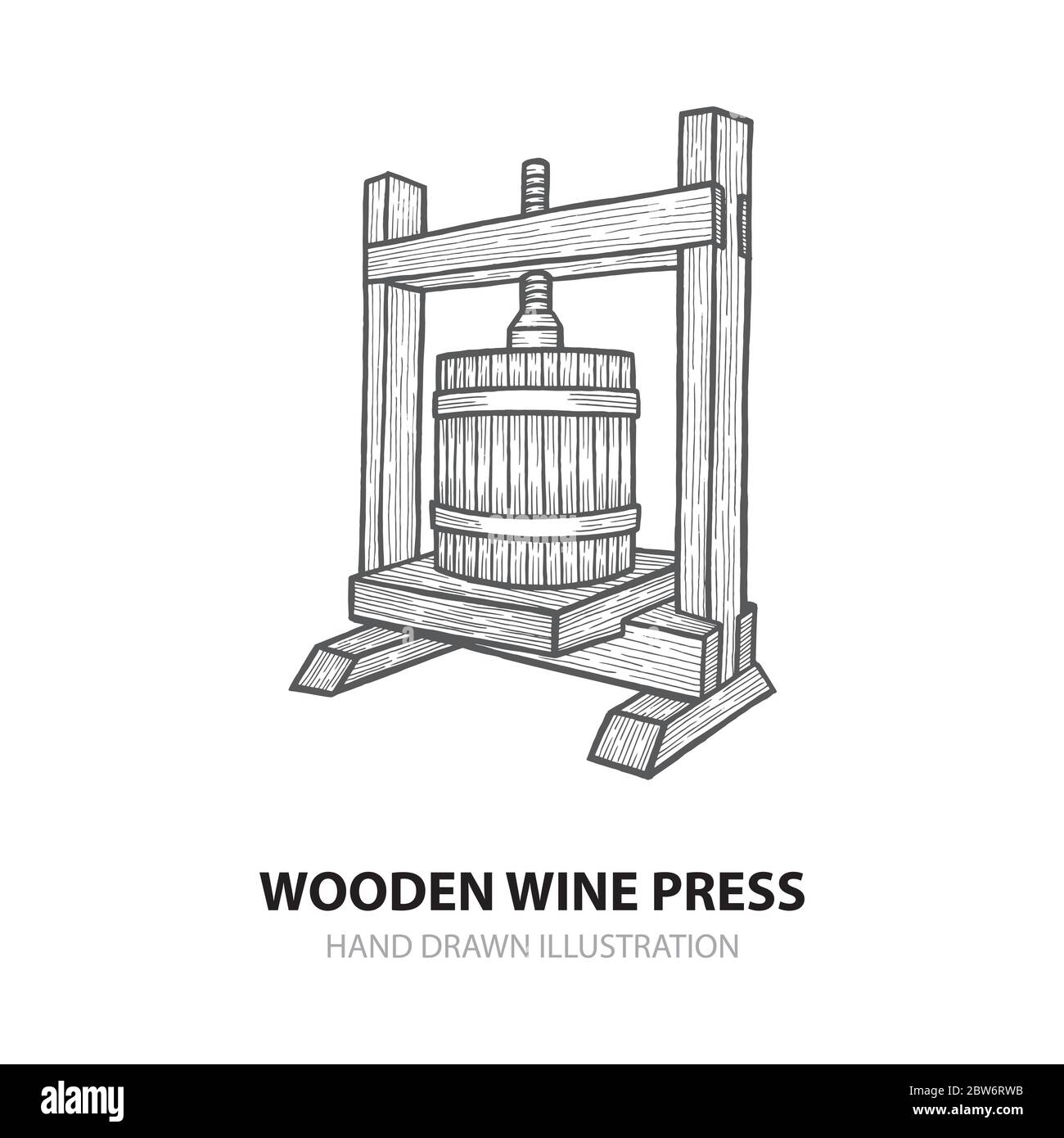 Presse à vin. Illustration vectorielle de presse à vin en bois dessinée à la main. Ensemble de mises en plan d'esquisse de presse à raisin. Design de thème de vinification. Partie de l'ensemble. Illustration de Vecteur