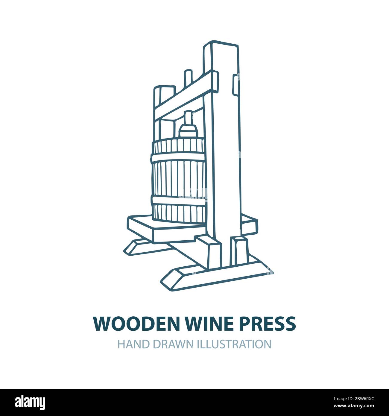 Presse à vin. Illustration vectorielle de presse à vin en bois dessinée à la main. Ensemble de mises en plan d'esquisse de presse à raisin. Design de thème de vinification. Partie de l'ensemble. Illustration de Vecteur