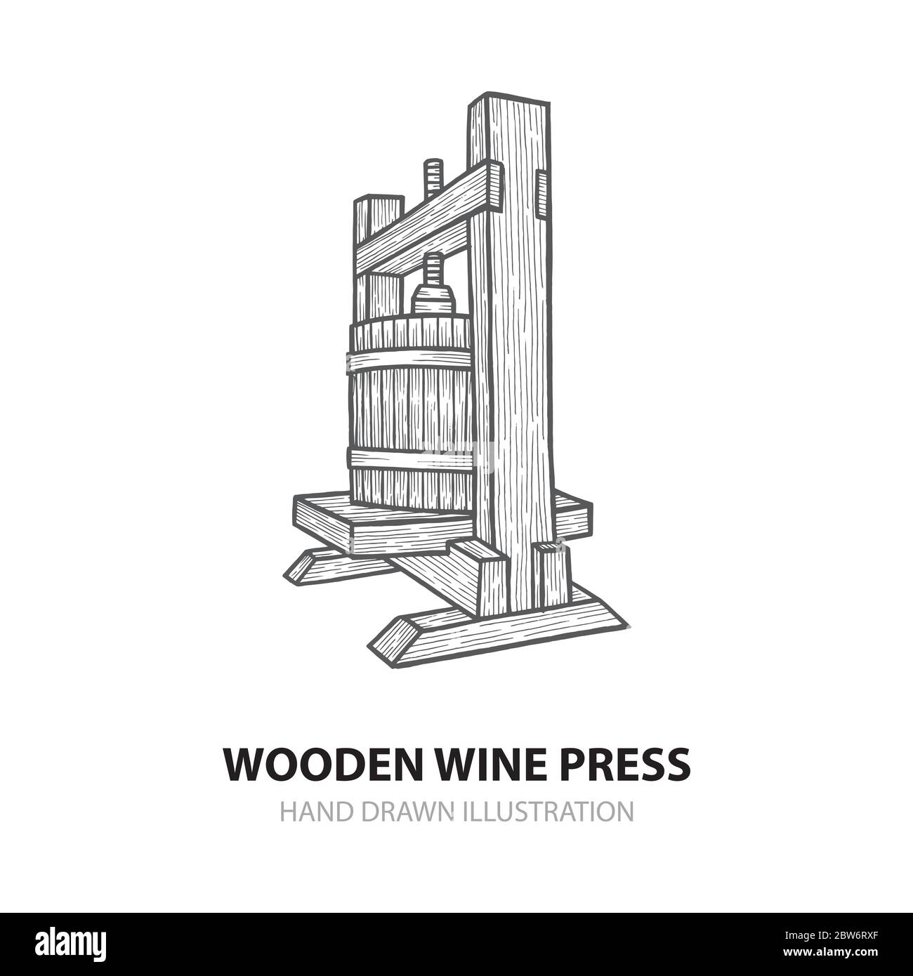 Presse à vin. Illustration vectorielle de presse à vin en bois dessinée à la main. Ensemble de mises en plan d'esquisse de presse à raisin. Design de thème de vinification. Partie de l'ensemble. Illustration de Vecteur